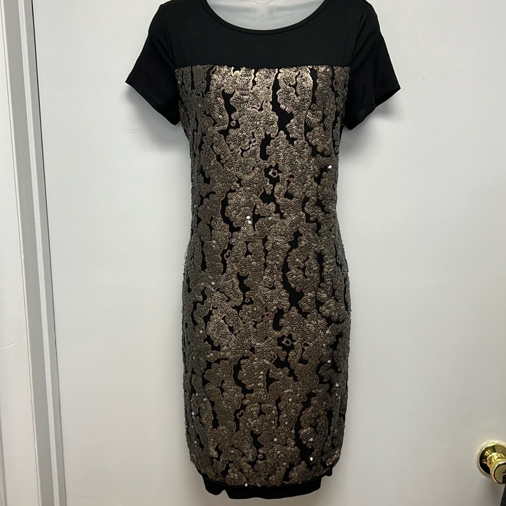 Donna Degnan Black Mini Dress with Taupe Sequined Front Size Small